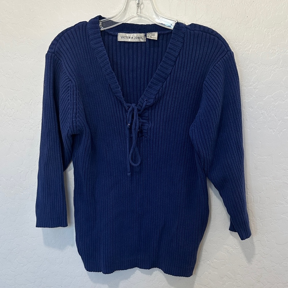 Women's Blue Sweater 100% cotton XL lace up knit half sleeve vtg fishermen